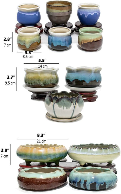 Dahlia 8.3'' Inch Large Shallow Drip Glazed Ceramic Planter/Succulent Pot/Plant Pot, Green