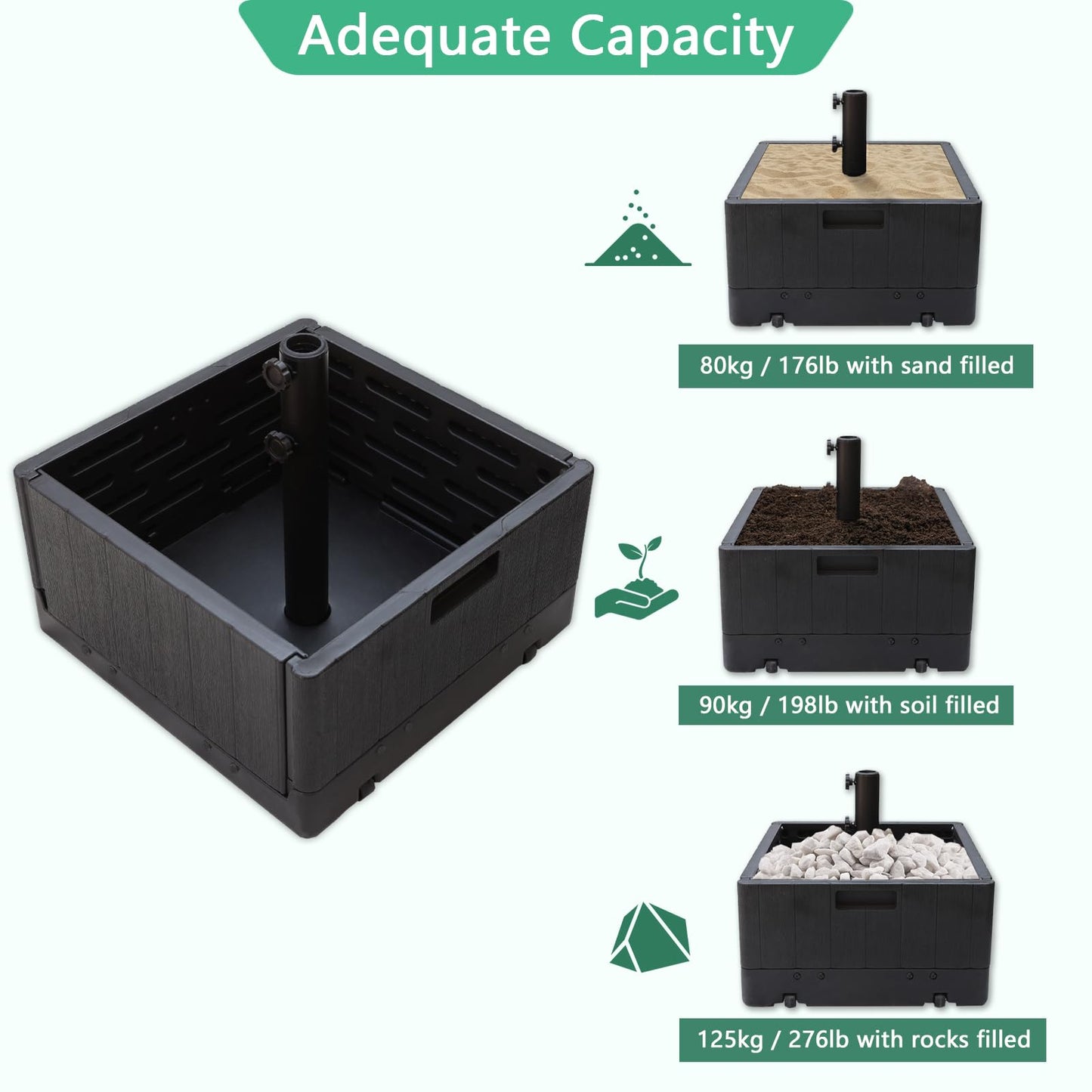 Helios&Hestia 3-in-1 Plastic Patio Umbrella Base Stand Weight with Wheels 176lbs with Sand Filled, Can be Used as Outdoor Coffee End Table, Flower Planter Box, Fits 7 to 11ft Market Umbrellas, Black