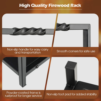 Tangkula Firewood Log Rack, Heavy Duty Firewood Holder with Unique Handle and Raised Feet, Firewood Storage Holder for Fireplace, Stove, Fire Pit, Easy Assembly, Black