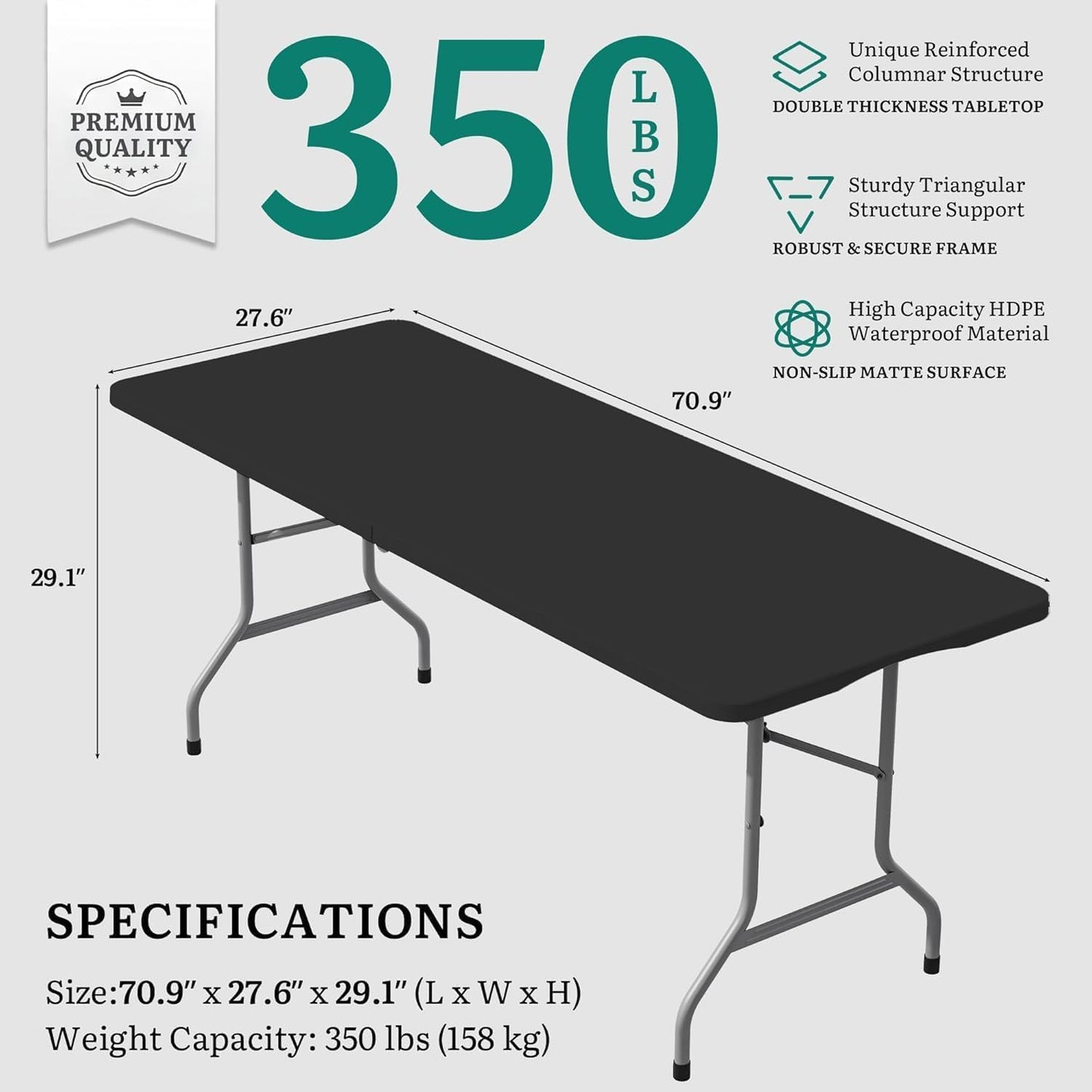 YITAHOME 6ft Folding Table w/1.38" Thick Tabletop Heavy Duty, Portable Outdoor Folding Table w/Carrying Handle for Camping Picnic Parties/Indoor Events, Black