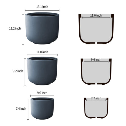 Kante 13",11",9" Dia Round Concrete Large Plant Pots Outdoor Indoor Planters Bowl with Drainage Hole for Patio, Set of 3,Charcoal