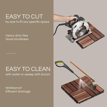 THYOI Premium Deck Tiles, Patio Flooring - Outdoor Waterproof Acacia Wood Tiles for All Weather Use - Balcony, Backyard, Indoor & Outdoor (Square Ft) (10, Dark Brown, 12S)