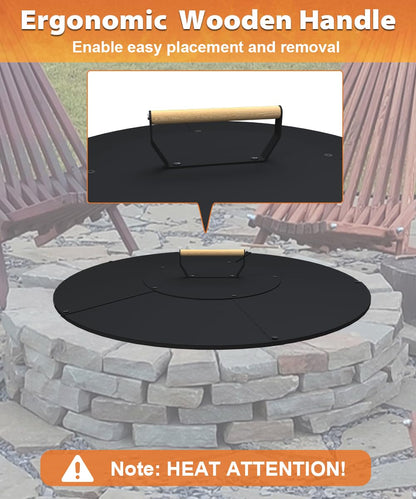 Ardier 28" Wooden-Handle Fire Pit Lid for Pits up to 26", Round Metal Bonfire Pit Burner Pan Cover, Smokeless Fire Pit Cover for Fire Tables, All-Weather Resistance Outdoor Firepit Accessory