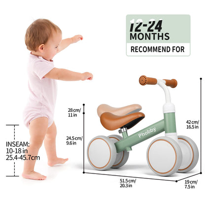 Phobby Baby Balance Bike for 1 2 Years Old Boys Girls, 4 Wheels Toddler Bike with Adjustable Seat, 12-24 Months Kids First Birthday Toy Gift