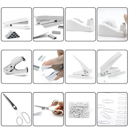 sportsvoutdoors White Desk Accessories, Modern Minimalist Office Supplies Set, Large Stapler, Tape Dispenser, Scissors, Paper Clips, Tabs with Ruler
