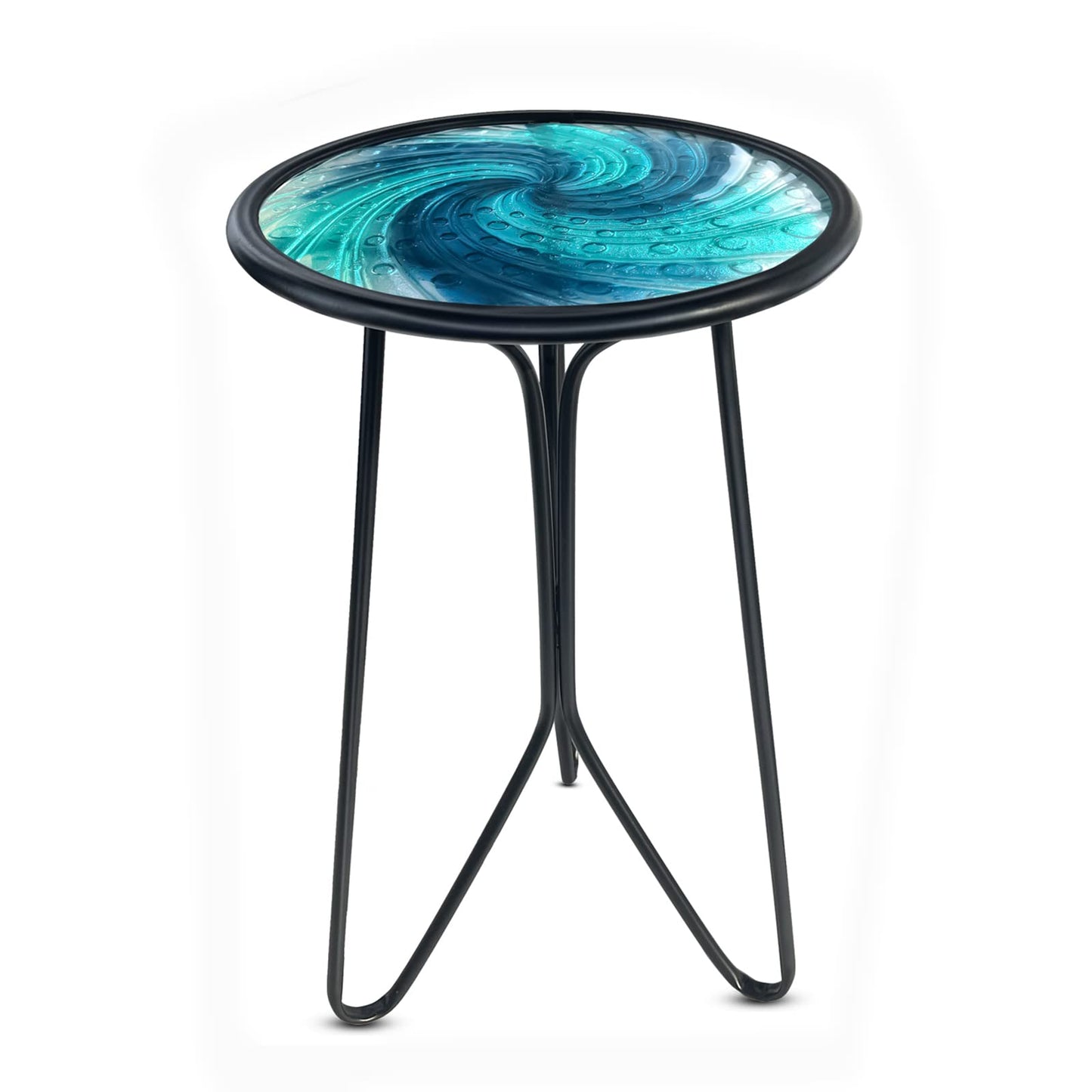 LIFFY Patio Side Table, Small Round End Table, Metal Side Table Outdoor, Small Porch Table for Indoor Balcony Furniture Decor (Blue Glass 12inch)