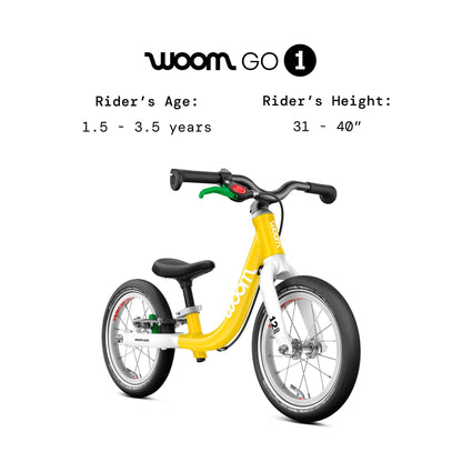 woom GO 1 Balance Bike for Toddlers 18 Months to 3.5 Years Old, 12-Inch Lightweight Bicycle with Handbrake & Steering Limiter for Boys & Girls - Yellow