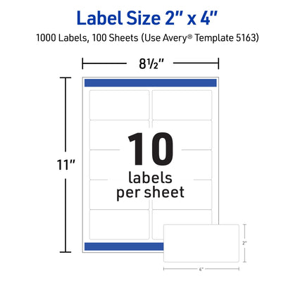 Avery Printable Shipping Labels with Sure Feed, 2" x 4" Customizable Stickers, White, 1,000 Blank Mailing Labels, Great for Mailing, Shipping, and More (5163)