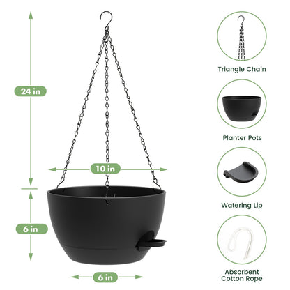 AHJZO 3 Pack 10 Hanging Flower Pots with Chains Self Watering Plastic Planters for Indoor Outdoor Plants, Sturdy Triangular Iron Chain Design for Garden PorchPlastic Hanging Flower pots (3, Black)