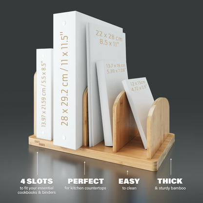 Cook Book Organizer, Recipe Book Holder Rack, Tabletop Stand for Convenient Cookbook Storage, Vertical 4 Tier Cook Book Stand Kitchen, Binder Holder for Desk & Countertop (Bamboo)