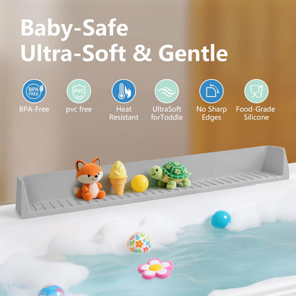 Akrelyan 31.5" Bathtub Splash Guard for Tub Kids, Silicone Splash Shield with 11 Suction Cups, Toy Tray Shelf, No Spill Water Barrier, Prevents Mess, Fun Bathtime for Toddlers Baby–Gray