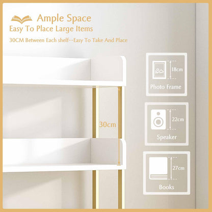 OSCHF Wide Open Shelf Bookcase - Modern 5-Tier Freestanding Display Bookshelf with Three-Side Panels for Home and Office, Storage Shelving in Warm White with Gold Frame