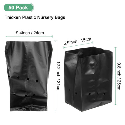 M METERXITY 50-Pack Nursery Growing Bags, 9.4" x 10.6" Thicken Plastic Nursery Bags, Gardening Seed Plant Bags for Potato/Flower/Tomato/Plant Starts/Home Gardening Supplies [Black]