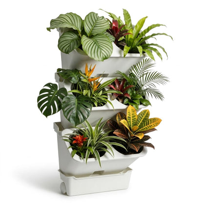 3-Tiers Vertical Wall-Mounted Planter with 6 Pots Vertical Garden Living Wall Planter Indoor Self-Watering Soil-Water Separation Stackable Plastic Planter for Herb Vegetable Flower Succulent (White)