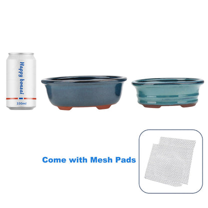 Bonsai Planter Succulent 5.7" 7" Glazed Pots, Value Set of 2 + 4 Soft Mesh Drainage Screens