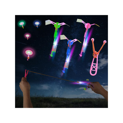 SCIONE 24 Sets LED Flying Set, 24 Slingshot+24 Glow Helicopter-48 Pcs, Flying Toy Outdoor Toys Glow in The Dark Party Supplies Party Favors for Kids 8-12,4-8