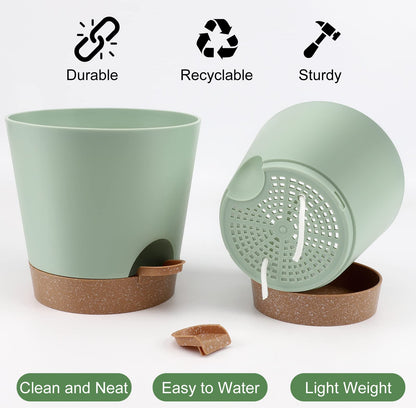 YNNICO Indoor Self Watering Planters with Drainage Holes and Saucers, 8, 7, 6.5, 6, 5.5, 5 Inches, Green, 6 Pots.
