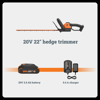 WORX 22" Cordless Hedge Trimmer, Electric Hedge Trimmer with Dual-Action Blades, Lightweight Bush Trimmer with 4.4 LBS, Battery & Charger Not Included, WG261.9