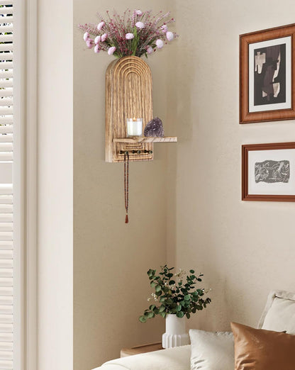 3-in-1 Wooden Wall Organizer - Planter Vase + Candle Sconces + Hooks (No Dried Flower)- Farmhouse Hanging Decor Boho Wall Art for Indoor Plants Artificial Eucalyptus for Living Room Bedroom Nature