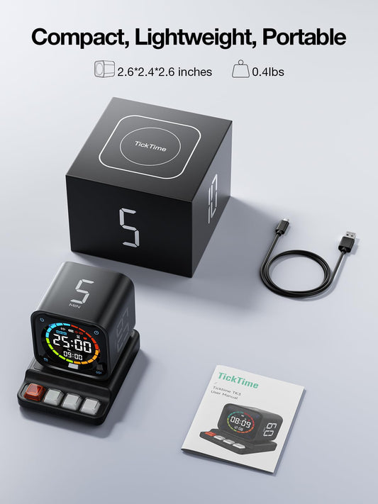 TK3 Pomodoro Timer Cube, Desk Productivity Timer with 5/10/30/60 Min Presets, Custom Countdown, Stopwatch, Clock, 3 Alarm, Silent, Vibrate & Sound Mode, for Task, ADHD, Study, Kitchen,Obsidian Black