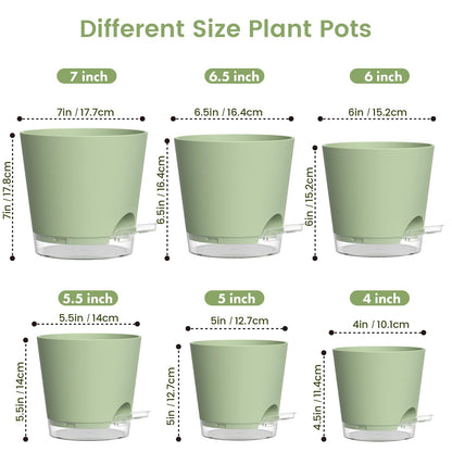 Meowell Self Watering Pots Pack of 6 – Different Size 4" to 7" Indoor Plant Pots with Drainage Holes and Clear Reservoir for Visible Water Level, Plastic Wicking Planters for House Plants, Green