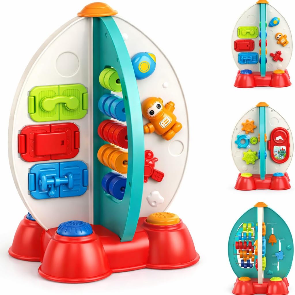 Zcpotizi Space Rocket Sensory Toy for Toddlers 1-3, Space-Themed Fine Motor Activity Toy with Music, Bead Maze, Gears, Lights & Songs, Baby Learning Toy, 1st Birthday Gift for Boys Girls 18M+