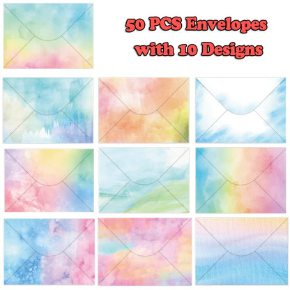 AUSTARK 160 Pieces Stationery Set (50 Pieces Lined Stationery Paper 8.25 x 5.5 Inch, 50 Pieces Envelopes, 60 Sealed Stickers) for Letter Writing (Watercolor)