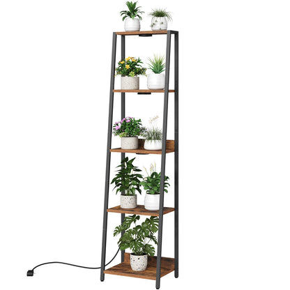 MAHANCRIS Plant Stand with Grow Light, 5 Tier Plant Shelf with Timer for Indoor Plants, Ladder Shape Flower Rack with Raised Back Edges, for Living Room, Balcony, Rustic Brown and Black PSHR05E01