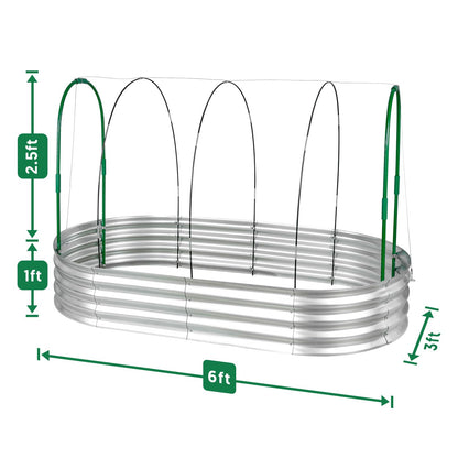 Raised Garden Bed with Greenhouse Frame and 3 Covers, 6x3x1 FT Garden Planting Box, Galvanized Metal Oval Tall Planter Box for Outdoor Gardening, Large Planting Space for Vegetables, Flowers