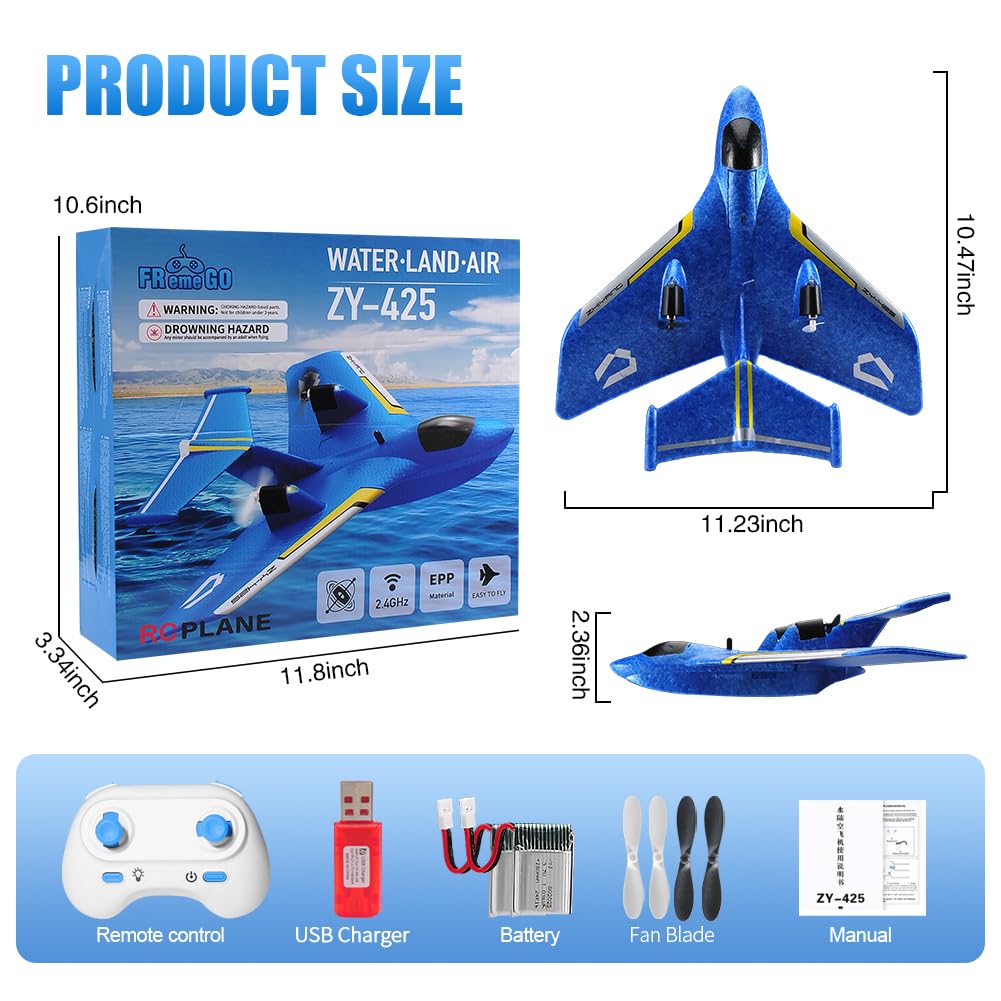 RoofWorld RC Water Plane,RC Airplane for Water Land and Air, Remote Control Airplane Flying Fighter Toys,2.4GHz 6-axis Gyro Stabilizer RTF Glider Aircraft Jet for Kids Adults Beginners Boys (Blue)