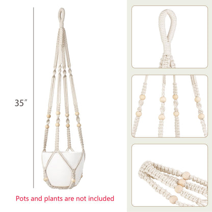 Dahey Macrame Plant Hanger Set of 2 Indoor Outdoor Hanging Planter with Wood Beads Decorative and 2 Hooks Flower Pot Plant Holder No Tassels for Boho Home Decor, 35 Inch, Ivory(Pots Not Included)