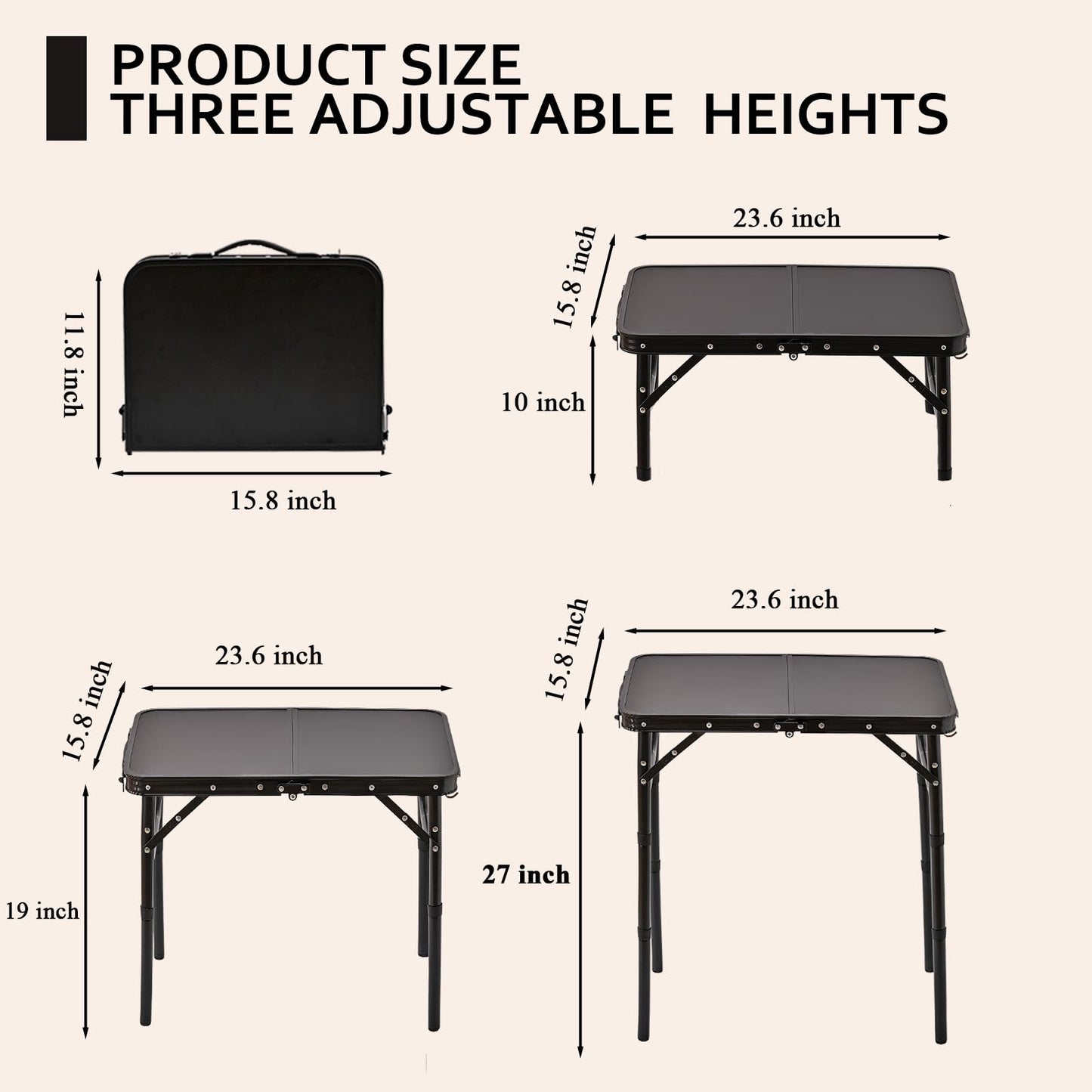 YihuiKo Folding Picnic Table with Storage Net, Matte Black Aluminum Folding Table 23.6" x 15.8", Adjustable Height Max 27.5", Lightweight Portable for Camping Travel Grill Indoor