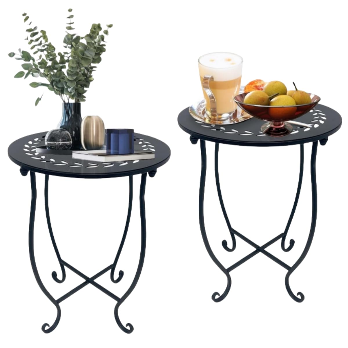 Aonagi Metal Round Side Table, 2 Pack 14 Inch Bedside Table for Living Room, Weather Resistant Black Metal Outdoor Side Table for Patio Balcony Yard Porch Garden, Plant Stand for Indoor Outdoor Use