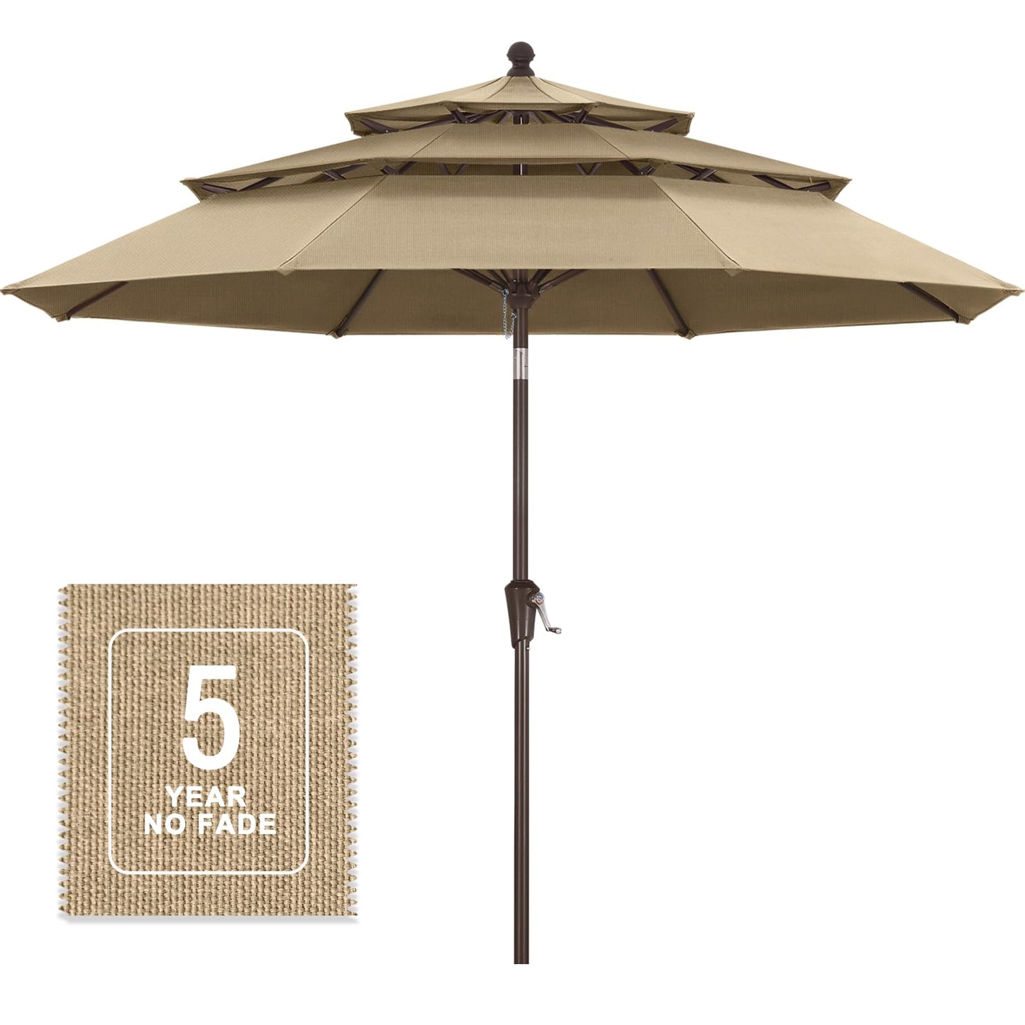 MASTERCANOPY 9ft 3-Tier Olefin Patio Umbrella with Tilt Crank, 5-Year-Non-Fading Canopy & 8 Fiberglass Ribs for Deck, Patio, and Garden, Light Brown