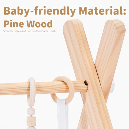 Foldable Wooden Baby Play Gym, Activity Center with 6 Sensory Hanging Toys Natural Wood Montessori Toys for Babies Indoor Gym, No-Tool Assembly Newborn for Infant Motor Development