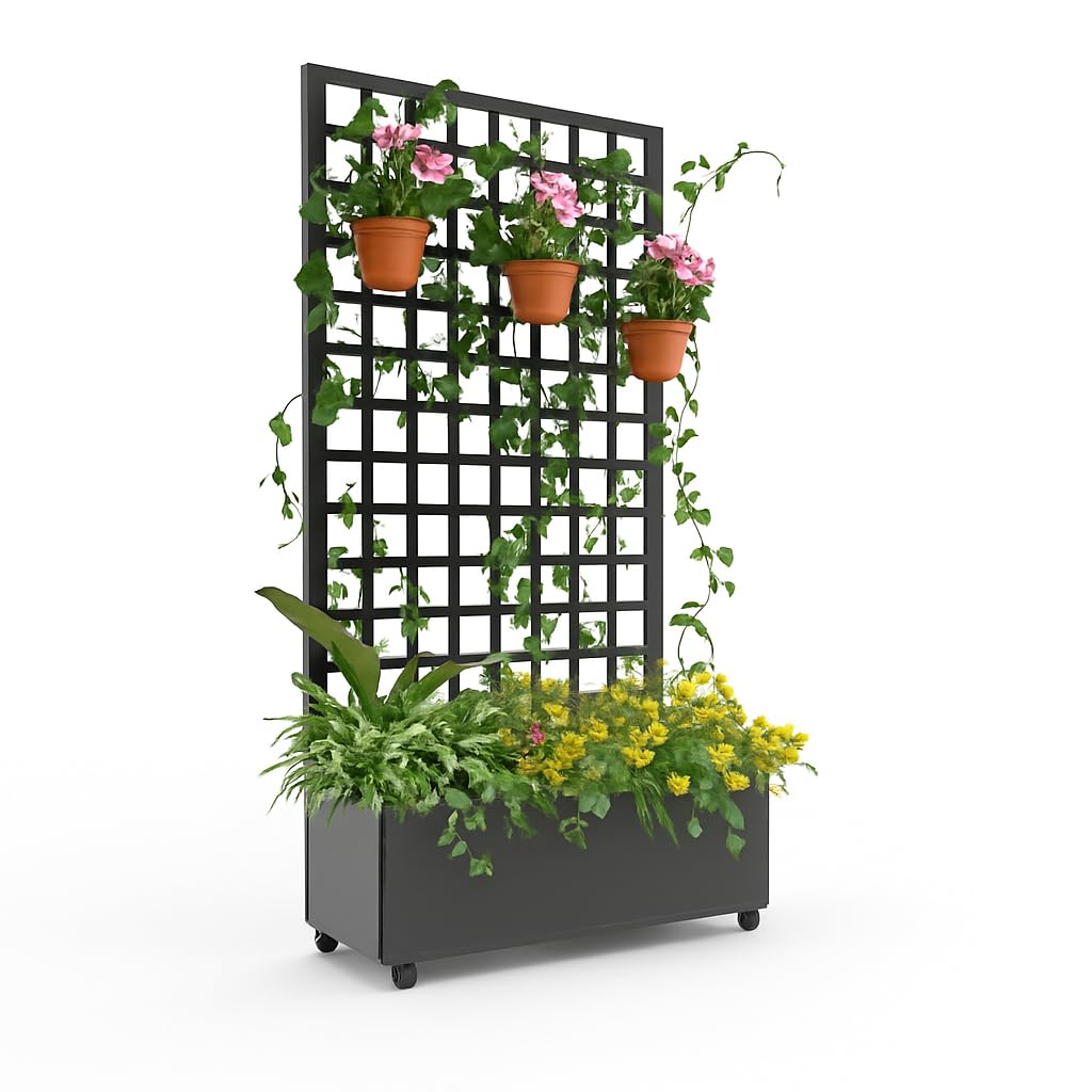 GarveeLife Metal Planter Box, with Square Lattice Trellis Planter Box, for Climbing Plants and Vines, Galvanized Raised Garden Bed On Wheels, Garden Bed with Trellis(72 in x35 in Black)
