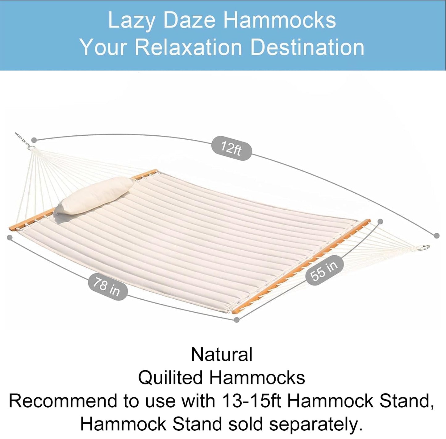 Lazy Daze Hammocks 12 FT Double Quilted Fabric Hammock with Spreader Bar and Detachable Pillow, 2 Person Hammock for Outdoor Patio Backyard Poolside, 450lbs Weight Capacity, Natural