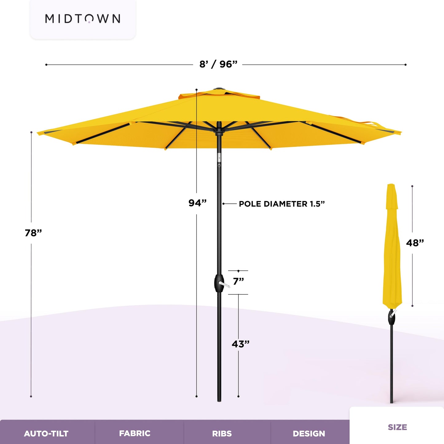 Midtown Umbrellas – The Lean 8 Ft Patio Umbrella with 10-Year-No-Fade Acrylast Acrylic Fabric, Auto-Tilt and 8 Reinforced Ribs for Deck, Pool, Garden, Hotel & Cafes – Studio Yellow Canopy, Black Pole