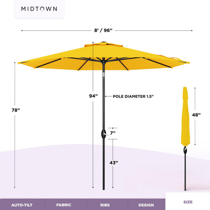 Midtown Umbrellas – The Lean 8 Ft Patio Umbrella with 10-Year-No-Fade Acrylast Acrylic Fabric, Auto-Tilt and 8 Reinforced Ribs for Deck, Pool, Garden, Hotel & Cafes – Studio Yellow Canopy, Black Pole