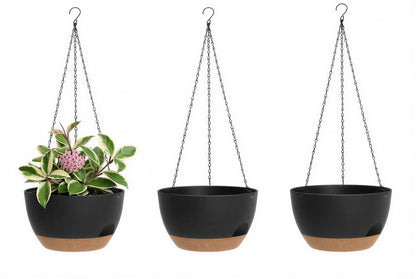 XQSHPDM Hanging Planters 3-Pack, 8 Inch Self-Watering Hanging Pots with Drainage Hole and Chains, Plastic Planters for Indoor Outdoor（Black Brown）