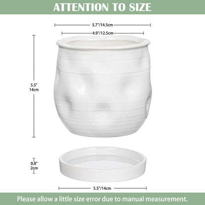 Oairse 5.7 inch Ceramic Pots for Plants, Plant Pot with Drainage Hole and Saucer White Ceramic Indoor Planter with Tray Decorative Flower Pots for Succulent, Cactus, Snake Plant, Herb Indoor Outdoor