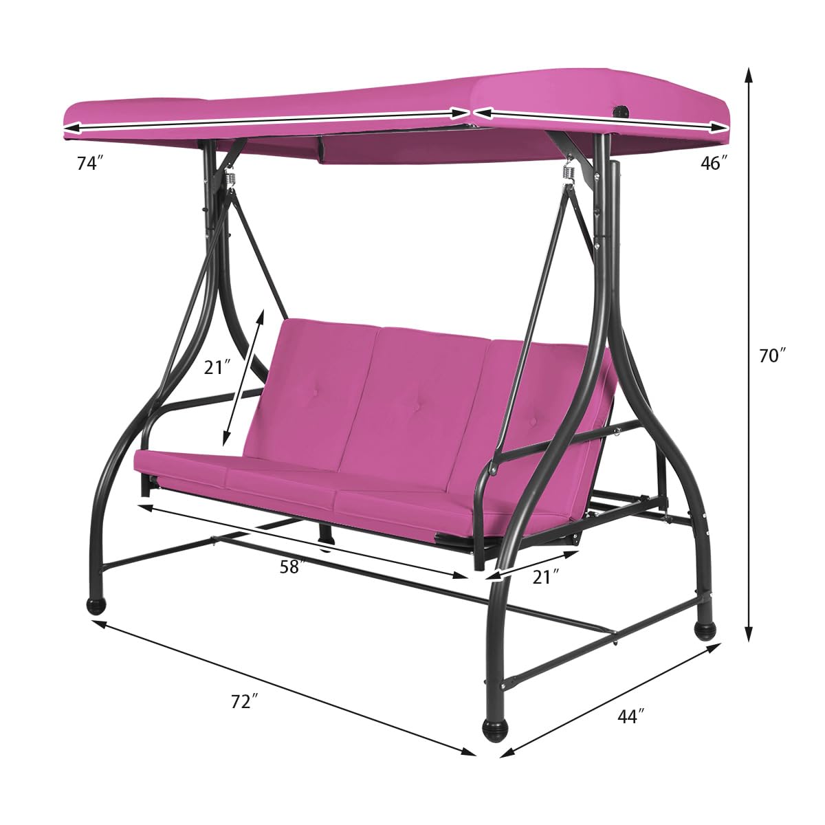 Tangkula 3 Seats Converting Patio Swing, Outdoor Porch Garden Canopy Swing with Comfortable Cushion Seats & Adjustable Tilt Canopy, Heavy Duty Hammock 3 Persons Porch Swing (Rose Red)