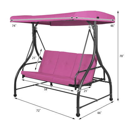 Tangkula 3 Seats Converting Patio Swing, Outdoor Porch Garden Canopy Swing with Comfortable Cushion Seats & Adjustable Tilt Canopy, Heavy Duty Hammock 3 Persons Porch Swing (Rose Red)