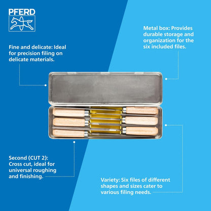 PFERD 4" Key File Set 265 K, 6-Piece – with Wooden Handles & Metal Storage Box – for Fine and Delicate Filing – Part 17010