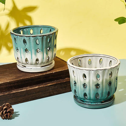 NiSevenLiving Orchid Pots with Holes Attached Saucers 6 Inches - 1 Pcs Small Ceramic Pots for Repotting, Decorative Ceramic Orchid Planter with Hole for Healthy Root Growth Green Over White