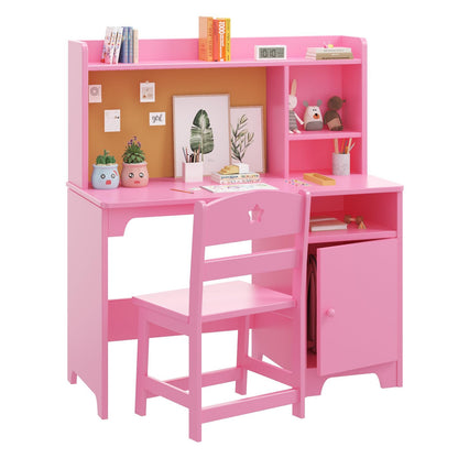 GAOMON Kids Desk & Chair Set with Hutch, Wooden Writing Table with Storage Cabinet for Kids Bedroom, Study Room, Computer Workstation, Pink