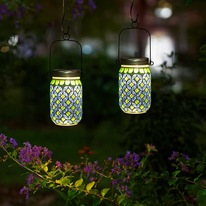 Stargarden Mosaic Solar Lantern , Outdoor Hanging Lantern Waterproof Table Lamp Mosaic Night Light for Tree, Garden, Patio, Yard, Outdoor(Blue Green)