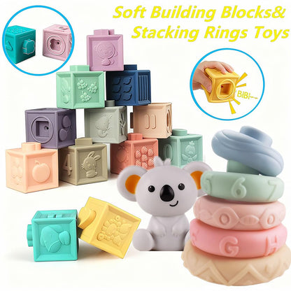ELLECK Baby Montessori Sensory Toys for 0-6 6-12 Months, Teething Toys for Babies 0 3 6 9 12 18 Months, Infant, Newborn Rattle Teether, Blocks, Soft Stacking Rings, Ideal Baby Boy Girl Gifts Set