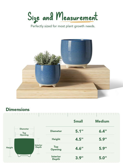LE TAUCI Ceramic Plant Pots, 5.1 + 6.4 Inch Footed Pots for Plants, Modern Flower Pots for Home and Office, Indoor Planters with Drainage, Reactive Glaze Blue