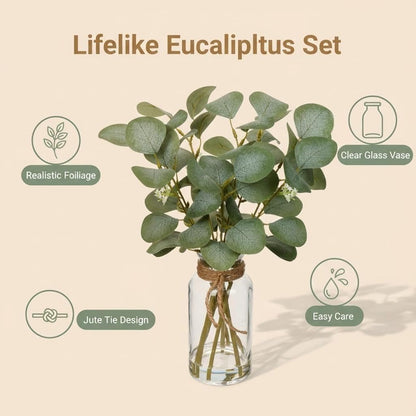 Briful Artificial Eucalyptus Stems in Glass Vase with Faux Water, 14" Fake Plant Eucalyptus Leaves for Home Bathroom Office Farmhouse Wedding Centerpiece Décor